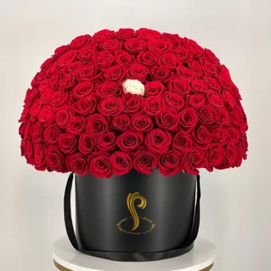 "Stunning Large Anniversary 100 Red Rose Box by Sweets Petals, featuring 100 fresh red roses, perfect for celebrating a love-filled anniversary."